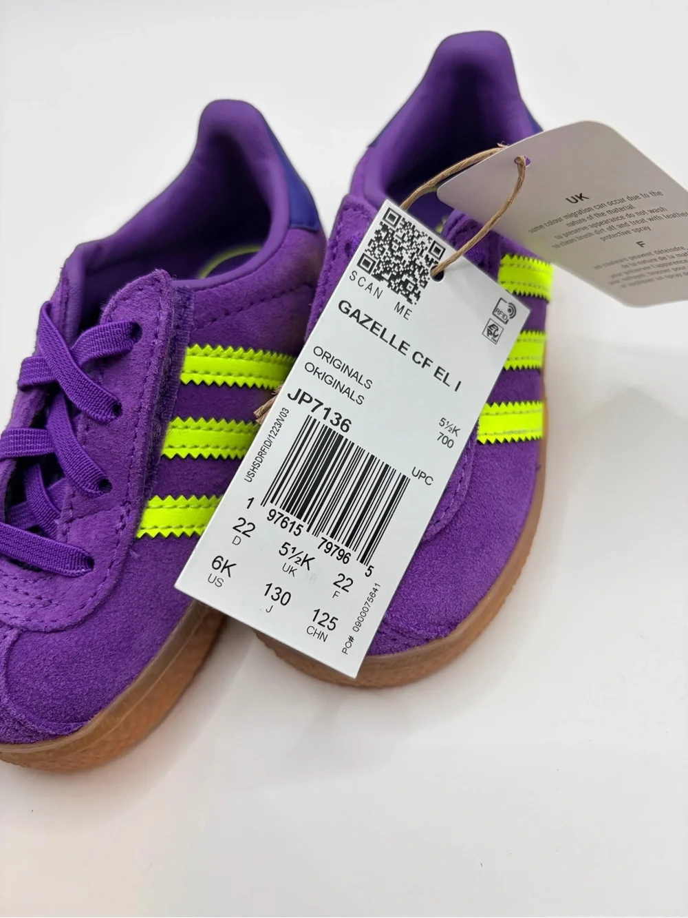 adidas Kids Gazelle CF EL I Purple Suede Sneakers with Neon Yellow Stripes